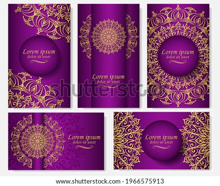 Set of five gorgeous purple gradient backgrounds with gold mandala. Ethnic ornament in the design of cards, covers, labels, packaging, business cards. 