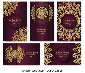 Set of five gorgeous vector mandala patterns. Golden ethnic ornament on purple background. Oriental pattern in postcards, labels, posters, invitations, packages. Luxury in your design.