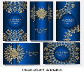 Eine Reihe von fünf wunderschönen Vektormandalamustern. Goldenes ethnisches Ornament auf blauem Hintergrund. Orientalisches Muster in Postkarten, Etiketten, Plakaten, Einladungen, Packungen. Luxus in Ihrem Design