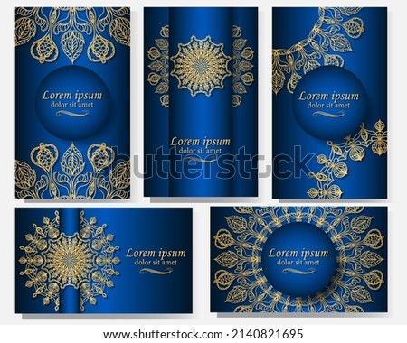 A set of five gorgeous vector mandala patterns. Golden ethnic ornament on blue background. Oriental pattern in postcards, labels, posters, invitations, packages. Luxury in your design