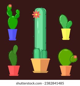 Set of five green cacti in colorful pots on a dark background. Vector