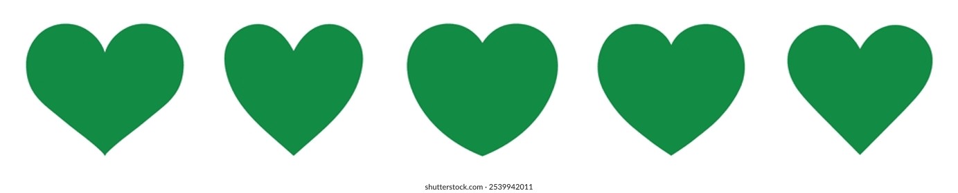 Conjunto de cinco corazones verdes icono de Vector conjunto aislado. Iconos del corazón. Símbolo de corazones verdes, signo de amor, silueta de latido del corazón, pictogramas de corazón aislados. Ilustración vectorial.