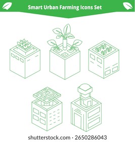 Set of five green line-art icons depicting urban farming systems. Each cube-shaped structure features different plant growth arrangements.