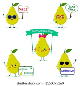 A set of five green pear cartoon characters in different poses and accessories with different plates and glasses. Flat, vector.