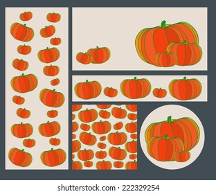 Set of five greeting cards with hand drawn pumpkins on white background. Clipping mask is used, vector illustration.
