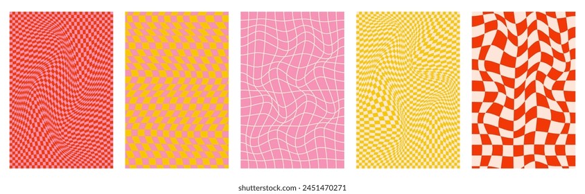 Set of five groovy backgrounds. Vintage greeting card with checked patterns in trendy retro 60s, 70s style.