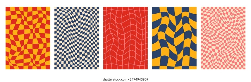 Set of five groovy backgrounds. Vintage greeting card with checked patterns in trendy retro 60s, 70s style.