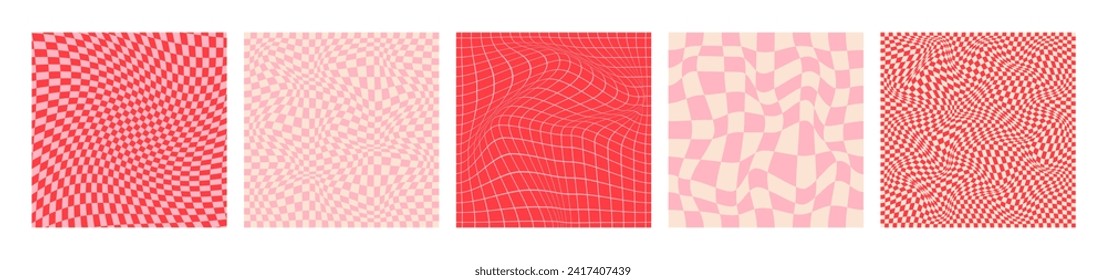 Conjunto de cinco atractivos paisajes. Felices tarjetas de felicitación del día de San Valentín con patrones de moda estilo retro de los años 60 y 70.