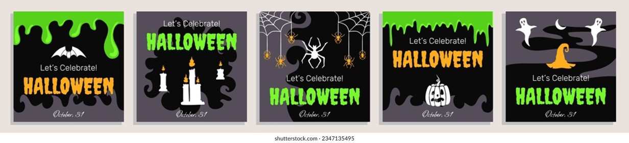 Set of five Halloween greeting cards, invitations, vector square templates with Halloween party celebration and date.