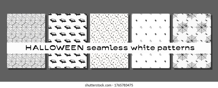 Set of five Halloween seamless black and white patterns, vector illustration
