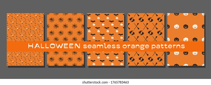 Set of five Halloween seamless orange patterns, vector illustration