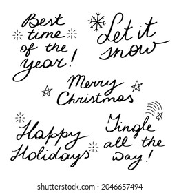 Set of five hand drawn Christmas lettering phrases, vector calligraphy isolated on white background