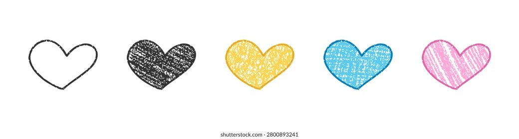 Set of five hand drawn crayon hearts in black outline black fill yellow blue pink with distinctive rough scribble texture on white. Playful childlike wax pencil romantic love symbols with unique grain.
