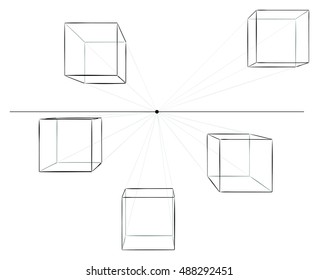 Set of five hand drawn cubes in linear perspective with one point of vanishing isolated on white