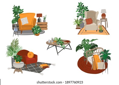 Set of five hand drawn interior compositioons, modern scandinavian style, indoor plants, warm colors, hand drawn vector illustration