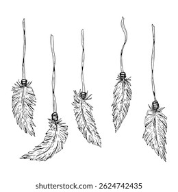 Conjunto de cinco penas vetoriais desenhadas à mão penduradas em cordas, ilustração de tinta monocromática em boho e estilo tribal. Perfeito para design de caçador de sonhos, arte esotérica, artesanato DIY ou esboços de tatuagem.