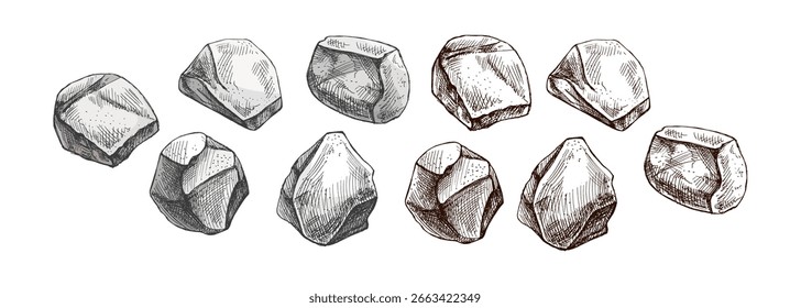 Set of five hand drawn vintage style rocks with faceted shapes and engraved texture. Brown monochrome and color sketch suitable for geology, natural resources and rustic design projects.
