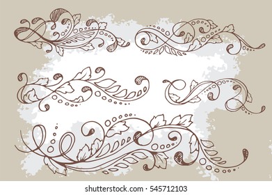 Set of five hand-drawn calligraphic floral design elements and page decoration. Vector illustration in vintage style with aged texture.