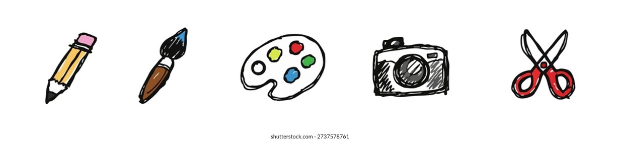 Set of five hand-drawn creative icons including a pencil, paintbrush, paint palette, camera, and scissors on a white background.