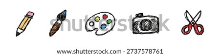Set of five hand-drawn creative icons including a pencil, paintbrush, paint palette, camera, and scissors on a white background.