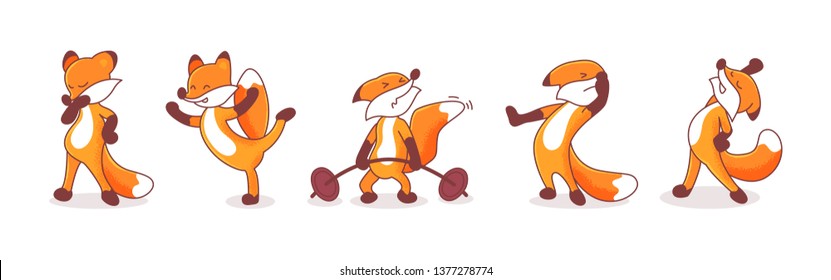 Set of five hand-drawn foxes. Animals' emotions. Sticker pack isolated on white background. Thoughtful, pumping iron, stretching, exercise, standing on one leg, and turned away characters.