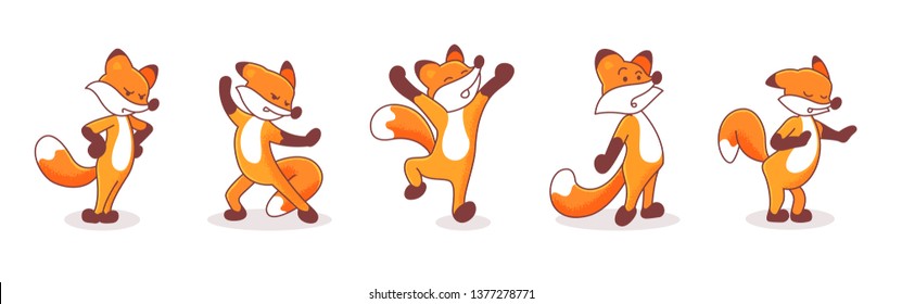 Set of five hand-drawn foxes. Illustrations with animals' emotions. Sticker pack isolated on white background. Animal with arms akimbo, Karate fox, inspired, surprised and calming someone characters.