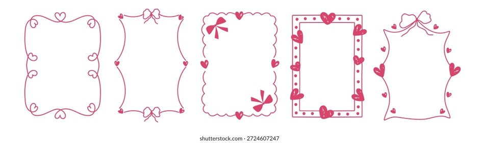 Un conjunto de cinco marcos en forma de corazón rosa dibujados a mano con arcos para una tarjeta de San Valentín o invitación de boda. Vector.