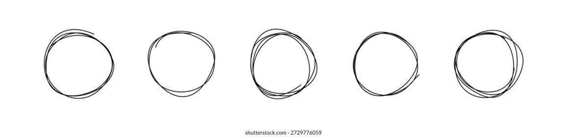 Set of five hand-drawn scribble circles in an abstract, minimalist style. Messy round line shapes are perfect for modern graphic design, presentations and social media posts. Vector illustration