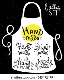 Set of five handwrittten text handmade placed on the white apron with black background. Creative illustration for  logotypes and labels