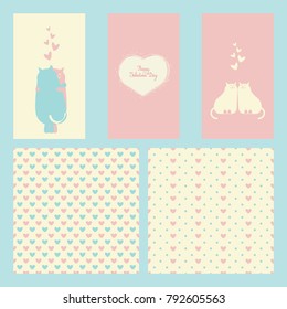 Set of five Happy Valentine's Day templates with lettering, heart shapes, or two cats in love hugging. Vector compositions and seamless endless backgrounds.