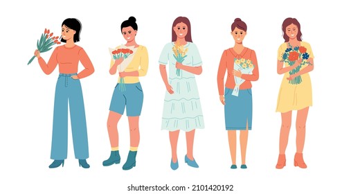 Set of five happy women holding a bouquets of flowers in hands. Spring holiday vector girls collection in Scandinavian style. Concept of pastel colors for Mother's Day, Valentine's Day, Women's 8 Day