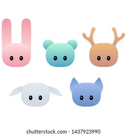 Set of five heads of cute animals in the style of flat. Icons. Gradient. Characters.