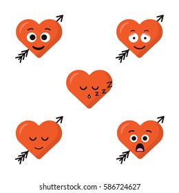 Set of five heart expression. Cartoon character emoticons.