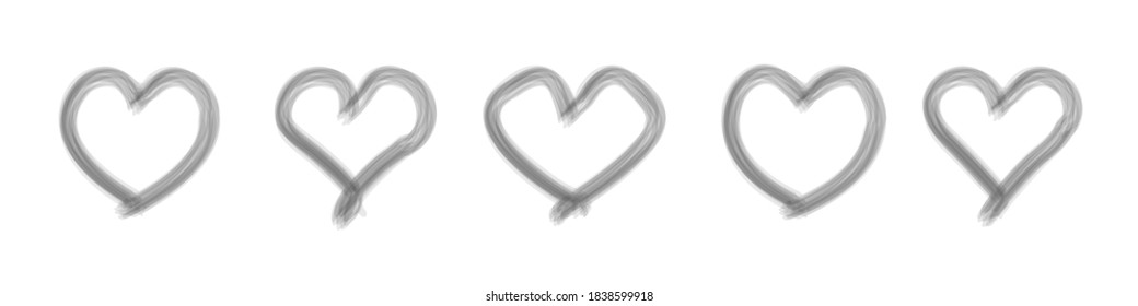 Set of five hearts, black outline heart symbol of love. Drawn style. black love sketch doodle isolated on white background. vector illustration.