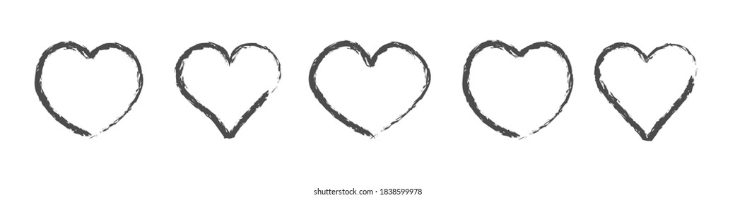 Set five hearts  black outline heart symbol love  Drawn style  black love sketch doodle isolated white background  vector illustration 