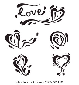 Set of five hearts drawn black ink on the white background, isolated vector elements to Valentine's Day, cafe, greeting card, banner, booklet, logo