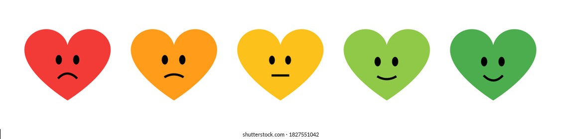 Set five hearts faces scale. Feedback in form of emotions. Emotions Range Vector Icon. Five kinds signs: excellent, good, normal, bad, terrible.