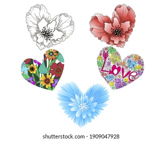Conjunto de cinco corazones con flores para el Día de San Valentín y el día de la boda. Ilustración vectorial en el estilo de dibujos animados aislados en fondo blanco.