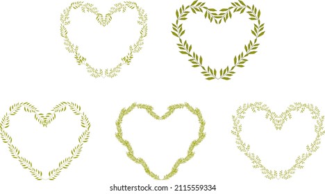 A set of five hearts made of leaves. Flower wreath. Design of an invitation card for holidays, a poster, a banner, a greeting card, a postcard.
