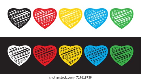 Set of five hearts on white and black background
