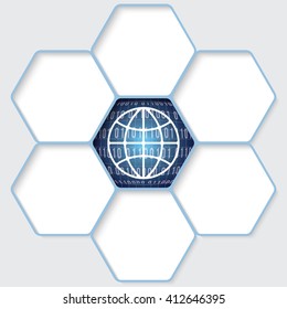 Set of five hexagons for your text and a globe icon