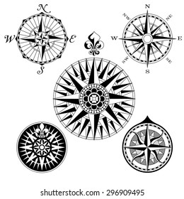 A set of five high detail antique windroses vector Illustrations.