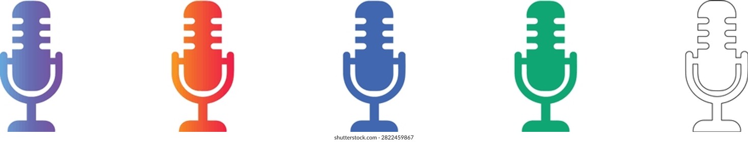 A set of five high quality microphone icons featuring a classic broadcast design, rendered in vibrant gradients and a crisp outline style for audio visual projects.