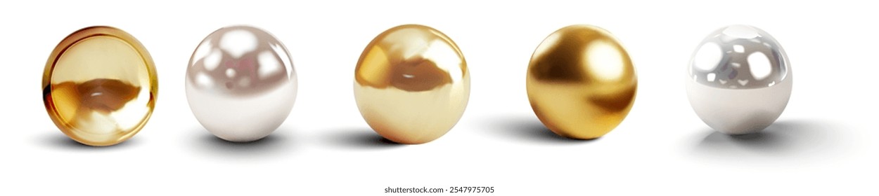 A set of five highly polished spheres in metallic and pearl finishes, featuring gold, white, and reflective surfaces with realistic lighting and shadows on a clean white background. 3d Vector