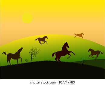 Set of five horse silhouettes dancing