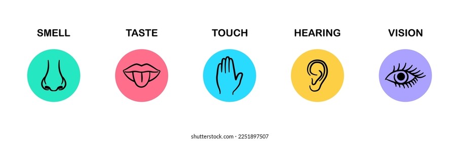 Set of five human senses. Hearing, taste, smell, sight and touch. Ear, mouth with tongue, nose, eye and hand. Vector