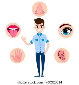 Set of five human senses: vision (eye), smell (nose), hearing (ear), touch (hand), taste (mouth with tongue) with man in the center. Vector illustration isolated on white background
