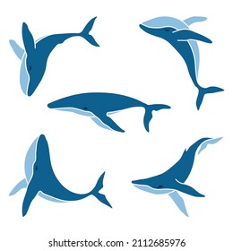 Set of five humpback whales minimalist simple colour vector logo illustration. Isolated whales drawing on white background