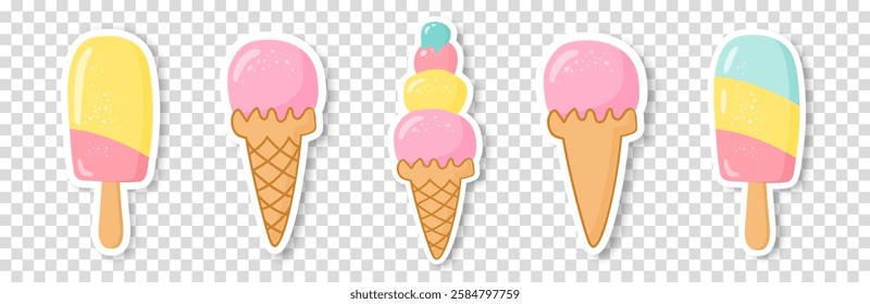 A set of five ice creams of different shapes on a transparent background. The concept of summer. Fashionable design in the style of pop art of the 80s. Vector EPS 10.