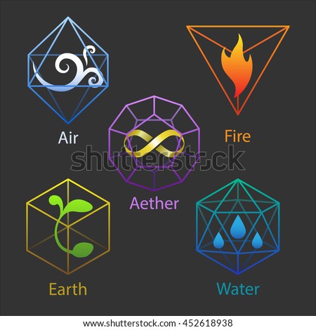 Set of five icons: elemental symbols of air, fire, earth, water, aether inside platonic bodies.